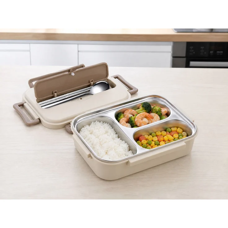 Lunchbox aus 316-Edelstahl, auslaufsicher, mit Fächern und Besteck, Beige, 25 x 18 x 8 cm – Bild 2