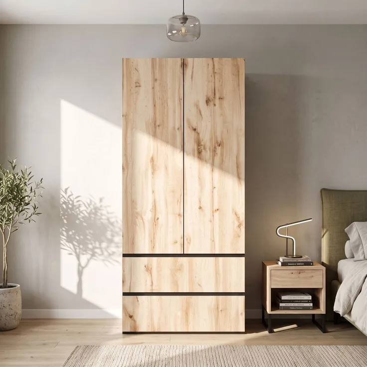 Kleiderschrank Garderobenschrank, 90 x 50 x 200 cm, mit 1 Kleiderstange, 2 Schubladen und 2 Türen, moderner Hochschrank für Schlafzimmer, Flur, Kinderzimmer oder Büro (Eiche Artisan/Weiß)--Holz--90x50x200cm--YOUDENOVA
