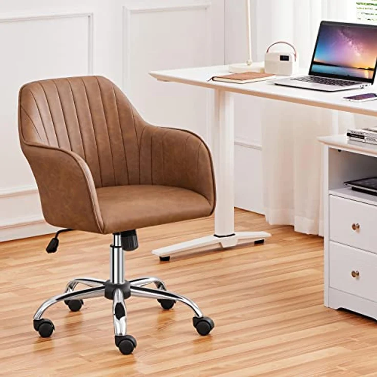 Yaheetech Homeoffice Stuhl, Schminkstuhl, Schreibtischstuhl, höhenverstellbar Drehstuhl, Bürostuhl mit gepolstertem Samtstoff, für Arbeitszimmer, Schlafzimmer, bis 136 kg belastbar, Retrobraun – Bild 3