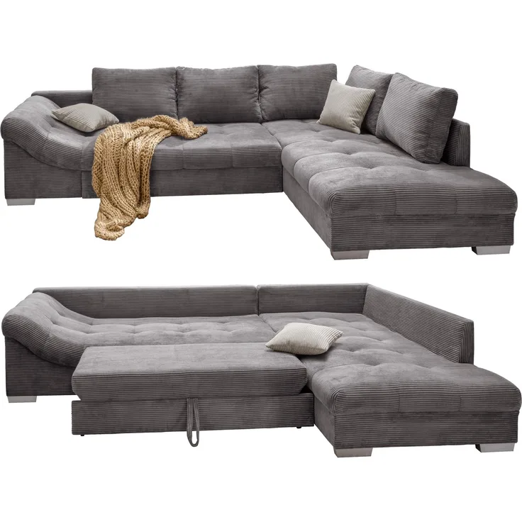 Ecksofa modern Schlafsofa Eckcouch Polsterecke L-Form Ottomane rechts Cord Grau