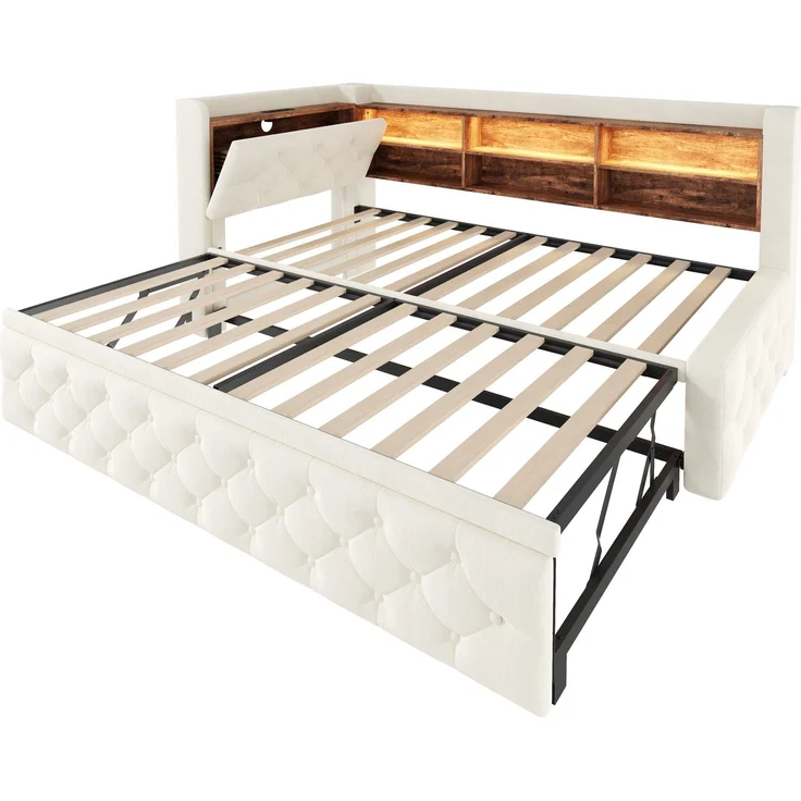 ZUBALIYA Tagesbett, mit Stauraum, mit LED-Beleuchtung, mit USB-C-Anschluss, inklusive Lattenrost, mit Schlaffunktion, Liegefläche 90 × 190 cm, H 84 × T 211 × B 181 cm, Beige, Samt – Bild 19