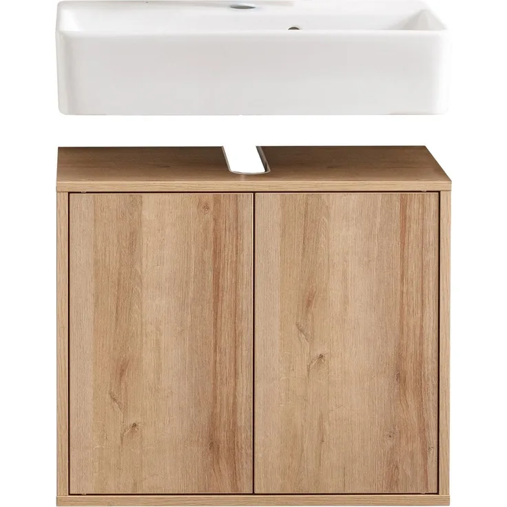 FACKELMANN FINN Waschbecken mit Unterschrank 60 cm breit, Braun hell, Waschbecken Keramik Weiß
