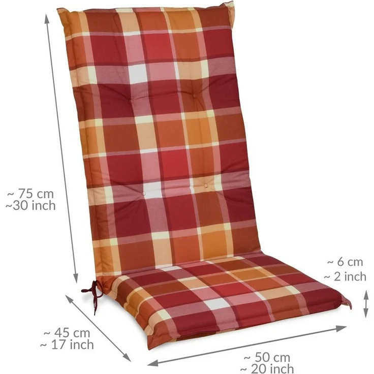 Beautissu Hochlehnerauflage 2er Set Hochlehner Auflagen Set 120x50 cm Polster Rot Kariert, 6cm Dicke Polsterauflage rutschfest UV-Lichtecht 5 Stuhlkissen – Bild 3