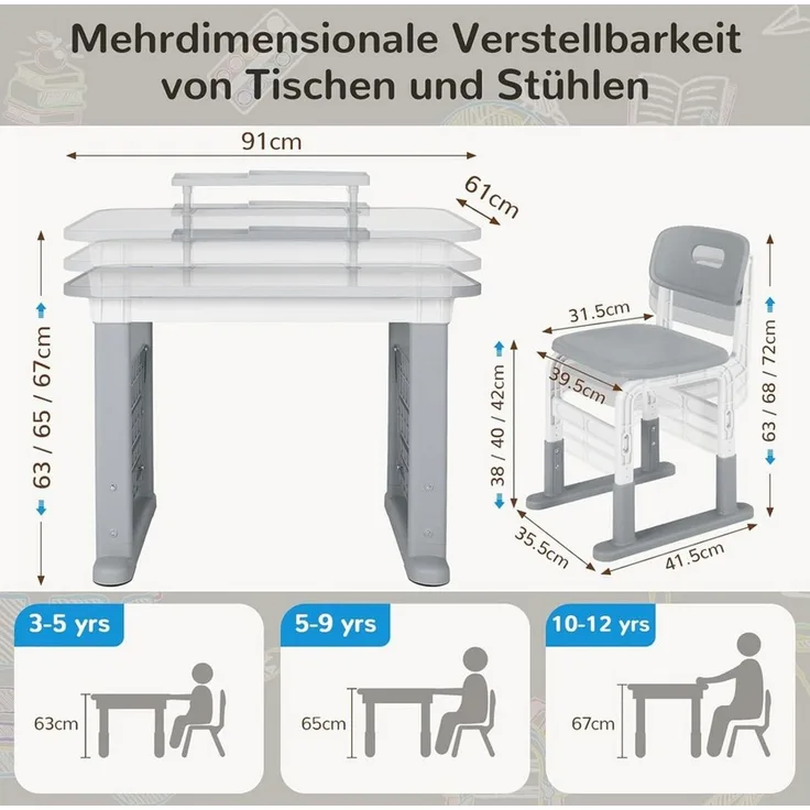 TLGREEN Kinderschreibtisch mit Stuhl Set Höhenverstellbarer (Kinderaußenhocker innen/außen nutzbar, Graffiti-Tisch 3-12 Jahre, mit Seiten-Bücherregal & Ablagekasten), Stabiler Kinderlernplatz für Kinderzimmer/Garten/Arbeitszimmer