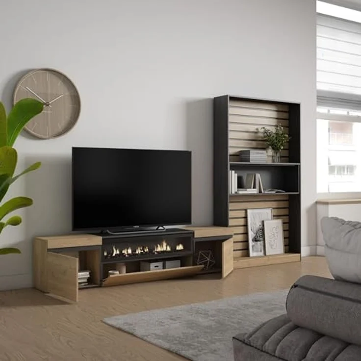 Skraut Home Wohnzimmermöbel für TV | Esstisch-Set | 210 x 186 x 35 cm | für Fernseher bis 80 Zoll | elektrischer Kamin | moderner Stil | Eiche und Schwarz – Bild 4