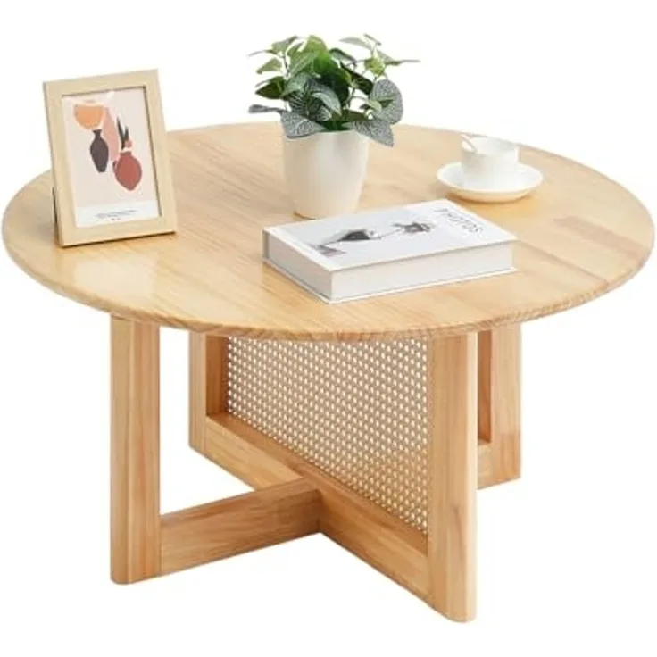 VEVOR runder Couchtisch aus geflochtenem Rattanholz mit Tischplatte aus Gummibaumholz, moderner Boho-Couchtisch (85 x 85 x 42 cm) mit Stauraum & Beinen aus Naturholz, für Wohnzimmer Schlafzimmer