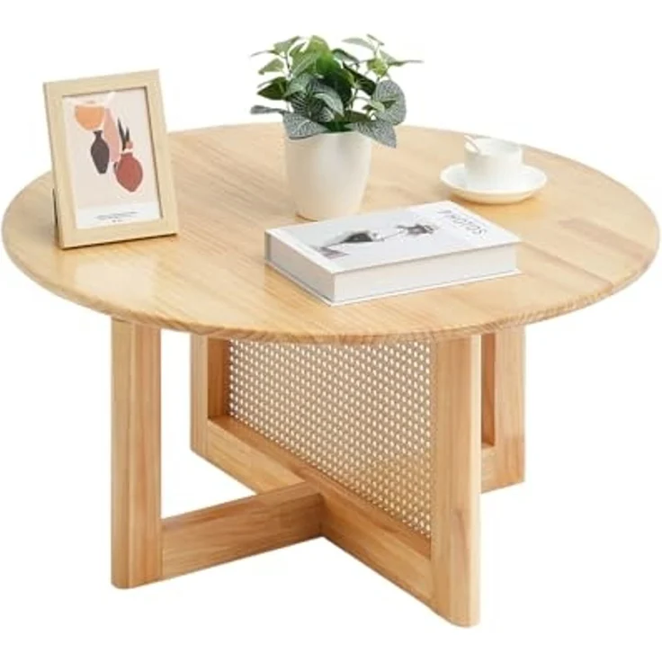VEVOR runder Couchtisch aus geflochtenem Rattanholz mit Tischplatte aus Gummibaumholz, moderner Boho-Couchtisch (85 x 85 x 42 cm) mit Stauraum & Beinen aus Naturholz, für Wohnzimmer Schlafzimmer – Bild 1
