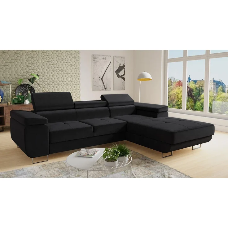 Ecksofa Divo mit Schlaffunktion, Bettkasten und einstellbare Kopfstützen (Schwarz (Kronos 07), Ecksofa Rechts) – Bild 2