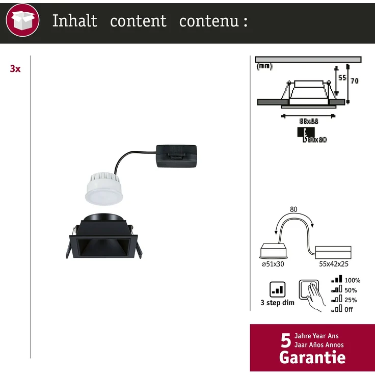 Paulmann 93125 LED Cole Coin Basisset eckig 3er-Set 2700K Schwarz 3-Step-Dim IP44 – Bild 6