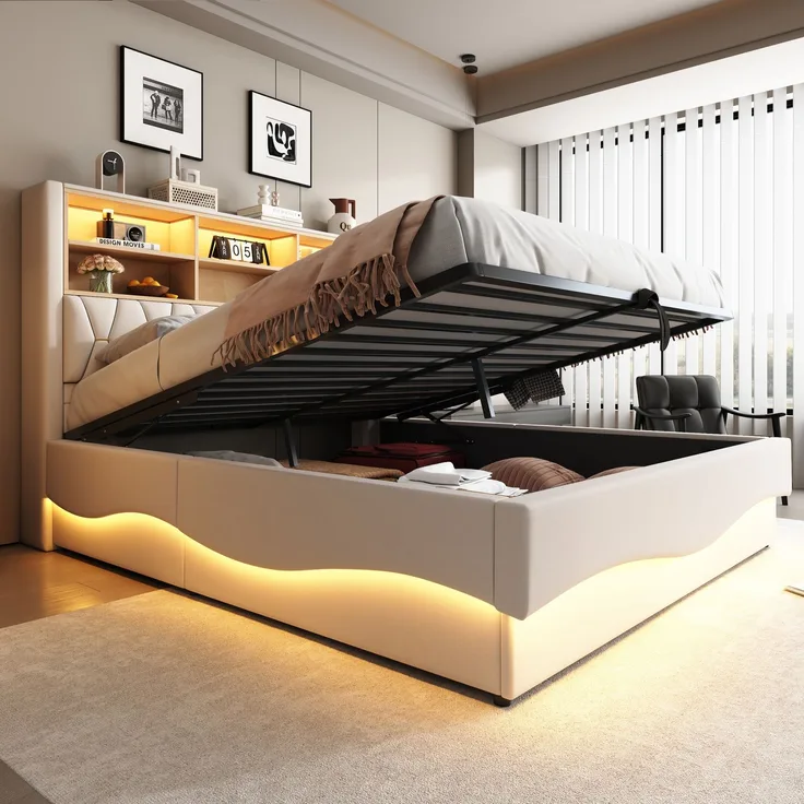 Merax Polsterbett, 180×200cm Doppelbett, mit hydraulischem Stauraum APP-gesteuertes LED-Lichtband USB-Ladeanschluss Metall-Lattenrost, Leinenpolsterung, Beige