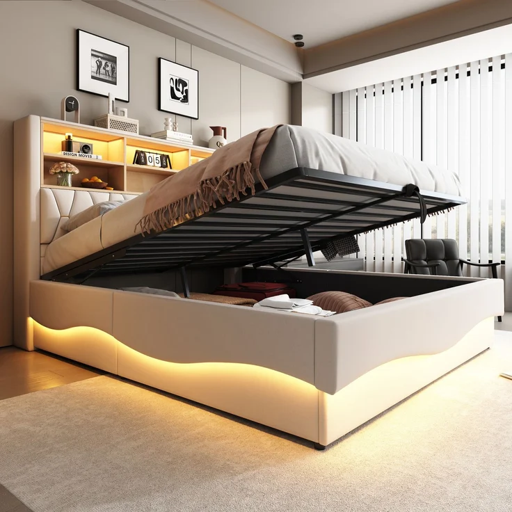 Merax Polsterbett, 180×200cm Doppelbett, mit hydraulischem Stauraum APP-gesteuertes LED-Lichtband USB-Ladeanschluss Metall-Lattenrost, Leinenpolsterung, Beige – Bild 1