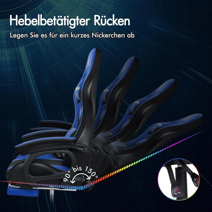 Racing Gaming Stuhl Massage Gamer 12 LED Farben RGB Beleuchtung Blau - ALFORDSON – Bild 7