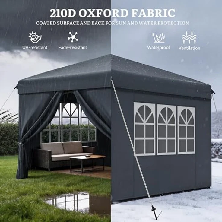 YITAHOME Pavillon mit Seitenwänden, 3x3 m wasserdichte zusammenklappbares Garten Vordach, Ganzjahres Camping Pavillon UV-Schutz mit Heringen,Seil,Tragetasche,Gewichtsbeuteln Veranstaltungen,dunkelgrau – Bild 3