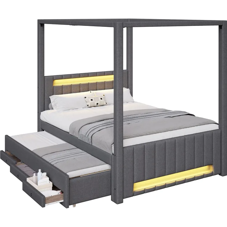 140x200 cm großes Polster-Himmelbett mit Ausziehbett und drei Schubladen, LED-Beleuchtung, Grau