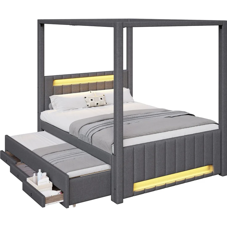 140x200 cm großes Polster-Himmelbett mit Ausziehbett und drei Schubladen, LED-Beleuchtung, Grau – Bild 1