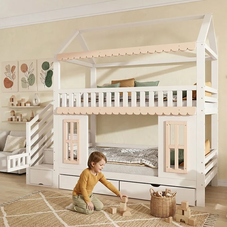 ZUBALIYA Etagenbett, Kinderbett, Hausform, Seitlicher Stauraumschrank mit Leiter, 2 Schubladen, Dekorative Holzfenster und Zierleisten, Kiefer+MDF, Weiß+Natur, 90x200 cm, Natur / Weiß – Bild 4