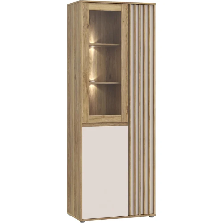 Forte ELISTON Vitrine 70 80, moderner Schrank mit Lamellendesign, 3-türig, Wohn-/Schlafzimmer, Mauvella Eiche Holzdekor|Kashmir Beige, 74 cm breit x 200,1 cm hoch x 41,5 cm tief – Bild 6