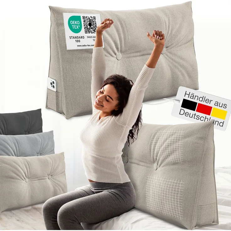 ELONEO Rückenkissen Keilkissen für Bett und Sofa, Lesekissen mit praktischem Seitenfach, 1-tlg, mit praktischem Seitenfach, Lesekissen, mit waschbarem Bezug