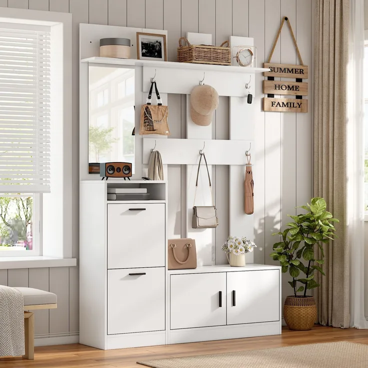Merax 180cm Garderobenständer für den Eingangsbereich, inklusive Schuhschrank, Spiegel und Kleiderhaken, wandmontierter Kleiderschrank, multifunktionaler Schuhschrank, Weiß
