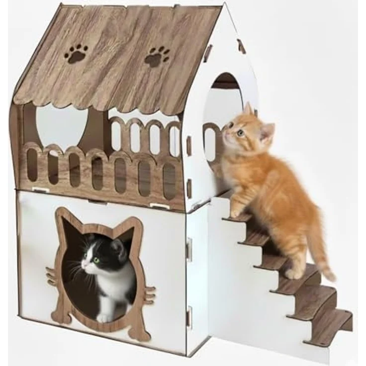 Jungengel Tierbett XL Katzenhaus Katzenhäuschen Katzenhütte Stecksystem Katzenbett, 2-Stöckiges Katzenhaus, Robust, Werkzeugfreie Montage – Bild 1