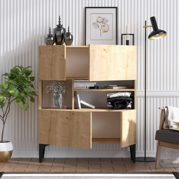 Calicosy 'KRISTA' Buffet mit 3 Fächern und 4 Türen, Eiche Dekor, H125 cm - Helles Holz – Bild 4
