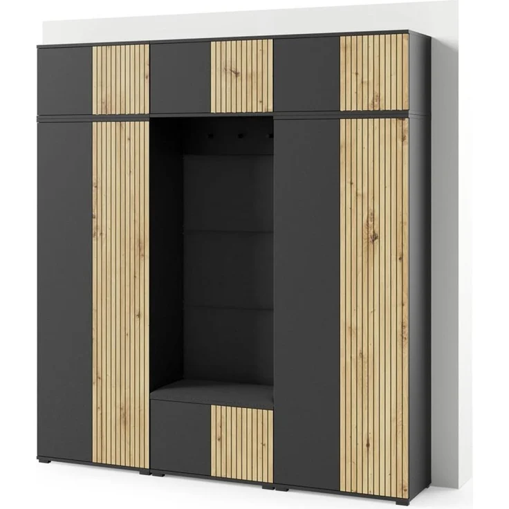 Garderoben-Set Rosario Version 4 mit Lamellen, Kleiderschrank mit Polsterplatten und Schuhschrank (Schwarz / Eiche Artisan, Trinity 16), 225 x 40 x 210 cm – Bild 1