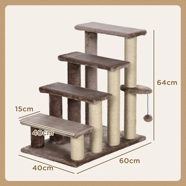 JARDJ Haustiertreppe, Kratzbaum, 4-stufig, für Tiere bis 5 kg, 60x40x64cm, Braun – Bild 3