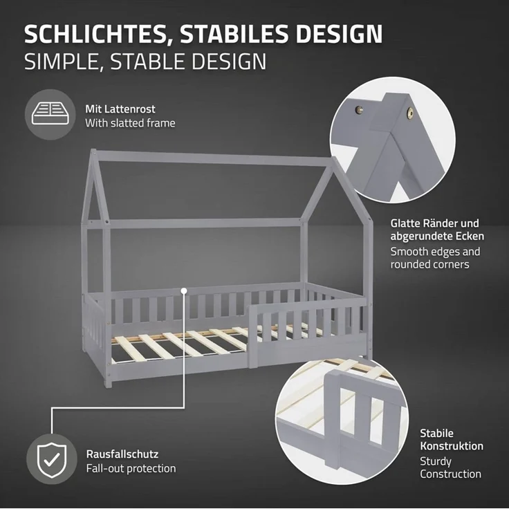 ML-DESIGN Spielbett Hausbett Kinderbett inkl. Lattenrost kreativ Bodenbett für Kinder, Abenteuerbett mit Rausfallschutz Kiefer Hellgrau Himmelbett Bettenhaus – Bild 4