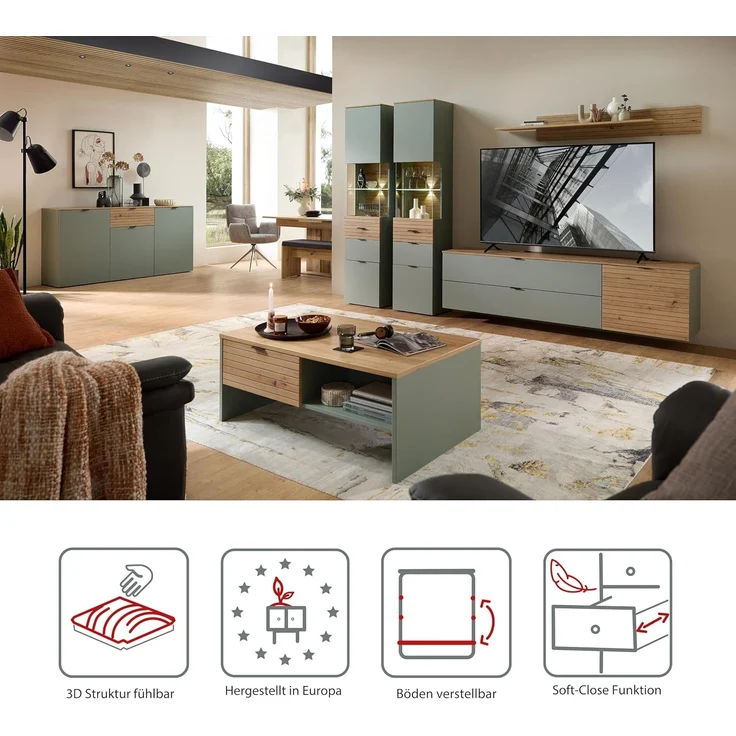 INA Sideboard in Schilfgrün, Artisan Eiche Optik FSC-Zertifiziert - Moderne Kommode mit Schublade und viel Stauraum - 180 x 90 x 45 cm (B/H/T) – Bild 4