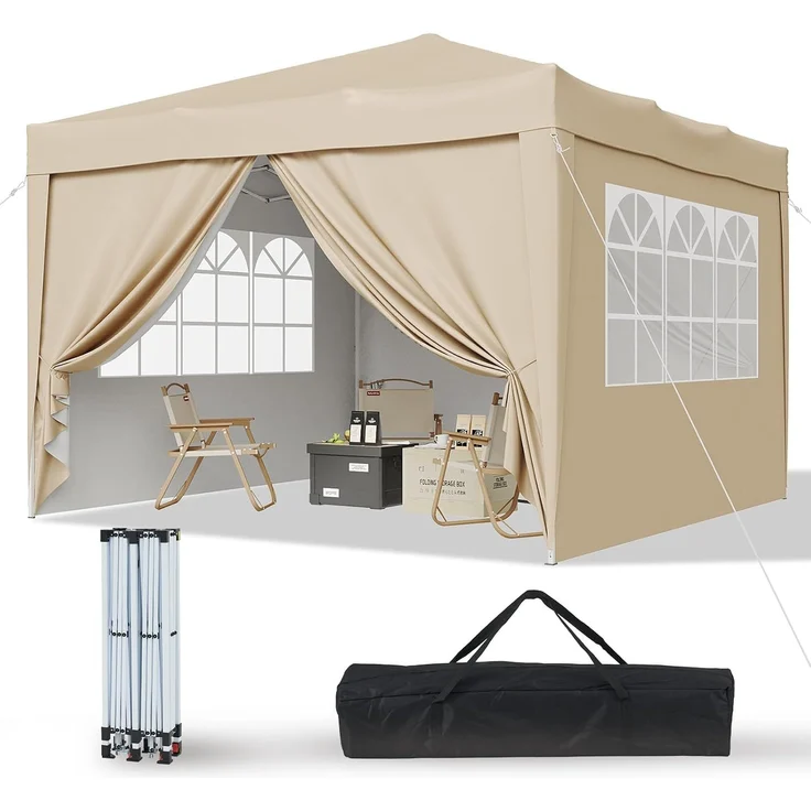 Aoxun Pop Up Pavillon 3x3 Wasserdicht mit 4 Seitenwänden, Metallrahmen-Schutzzelt, Höhe Verstellbar, 3mx3m Faltpavillon mit Tragetasche für Camping Party, Beige – Bild 1