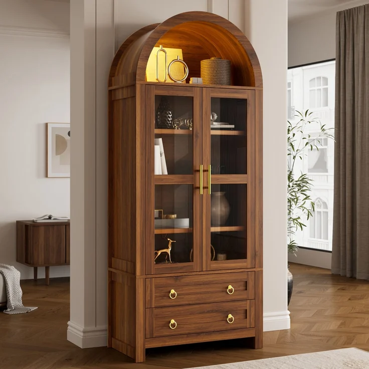 Vitrine 76 x 40 x 180 cm aus MDF und Spanplatte mit Glasfront, LED-Beleuchtung und Retro-Bogen – Bild 2