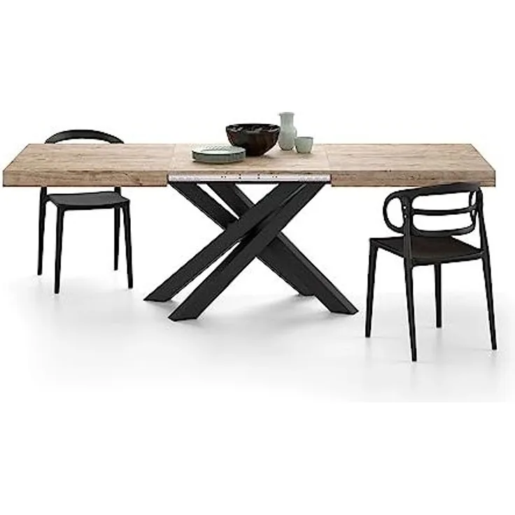 MOBILI FIVER, Ausziehbarer Tisch Emma 160, Eiche mit schwarzen X-Beinen, Laminiert/Eisen, Made in Italy