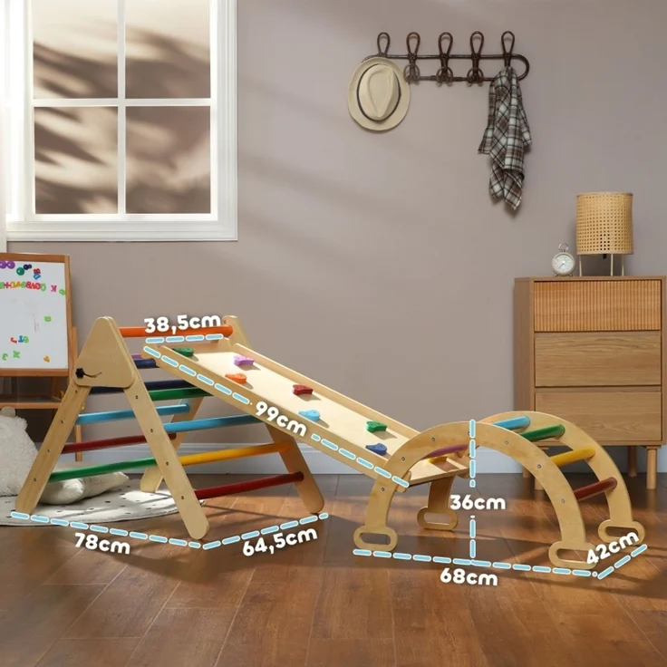 LVHOM 5-in-1 Klettergerüst aus Holz, Pikler Dreieck mit Rutsche & Bogenbrücke, faltbares Kletterdreieck für Kleinkinder, Motorikspielzeug bis 50 kg – Bild 6