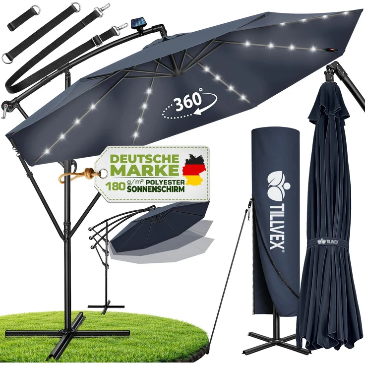 tillvex Alu Ampelschirm Navy-Blau LED Solar Ø 350 cm mit Kurbel | Sonnenschirm mit An-/Ausschalter | Gartenschirm UV-Schutz Aluminium | Kurbelschirm mit Ständer Marktschirm wasserdicht – Bild 1