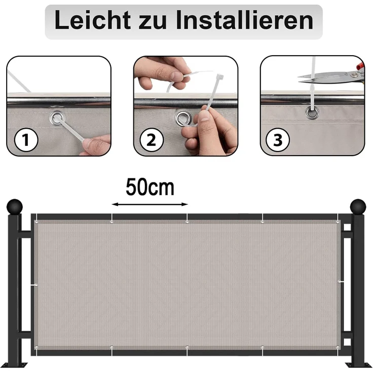 AXT SHADE Balkon Sichtschutz Wetterfest 75x300 cm Balkonverkleidung Balkonabdeckung Balkonbespannung Blickdichte Windschutz und UV-Schutz mit Kabelbinder für Balkongeländer-Taupe – Bild 6