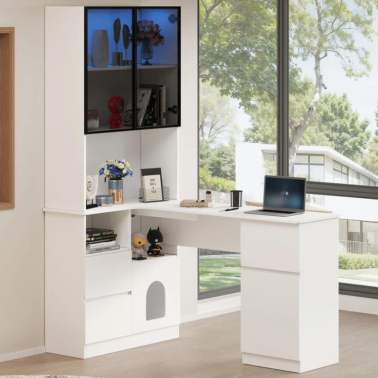 Eckschreibtisch mit Regal und LED-Vitrinenschrank 120×80×180 cm – Schreibtisch mit Kabeldurchlass, 3 Schubladen, 2 Türen, offenen Fächern & Haustierfach,Ein Eckschreibtisch mit eingebautem Bücherregal