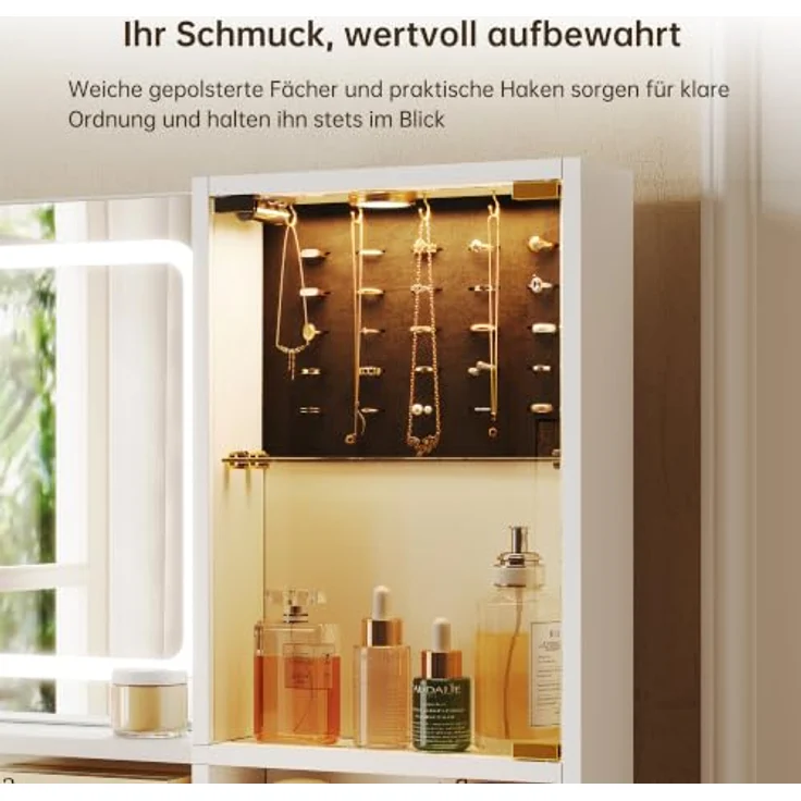 IRONCK Schminktisch mit LED-Spiegel, 3 Lichtfarben & dimmbarer Beleuchtung | Schminktisch mit Glasvitrinen, Schubladen, Schrankfächer, Föhnhalter, offenen Ablagen, Ladestation( 2AC+ USB-A + USB-C), Weiß – Bild 6