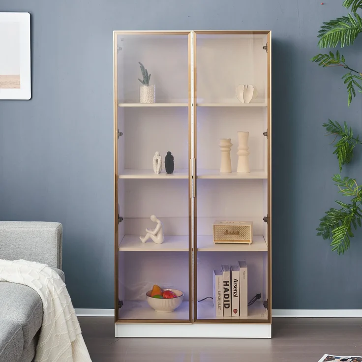 Glasvitrine mit LED-Beleuchtung, doppeltürige Vitrine mit beweglichen Einlegeböden, 80*40*160cm,Hochschrank für Wohnzimmer, Standvitrine,Badezimmerschrank--Weiß--80x40x160cm--YOUDENOVA – Bild 9