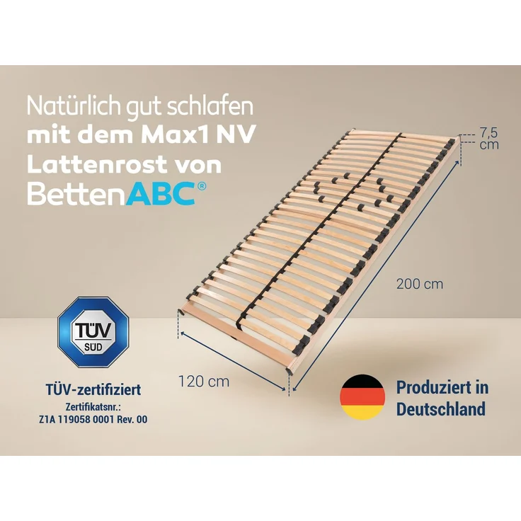 Max NV MZV – Lattenrost zur Selbstmontage mit 28 Leisten, durchgehender Holm, TÜV SÜD GS, Größe: 120x200 – Bild 2