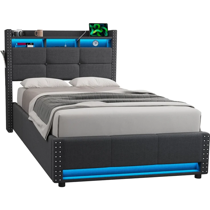 Einzelbett 90x200 cm mit LED-Beleuchtung, Ladefunktion und hydraulischem Stauraum – ohne Matratze – Bild 9