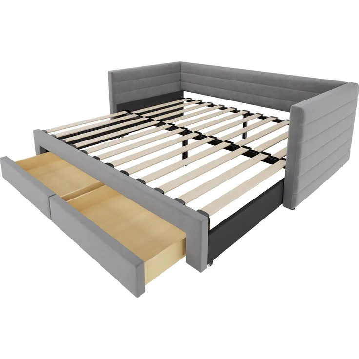 Merax Einzelbett Polsterbett 90 x 190cm/180 x 190cm Schlafsofa mit Ausziehbett, Tagesbett Daybett mit 2 Schubladen, Sofabett mit Lattenrost, Veloursstoff, grau – Bild 9