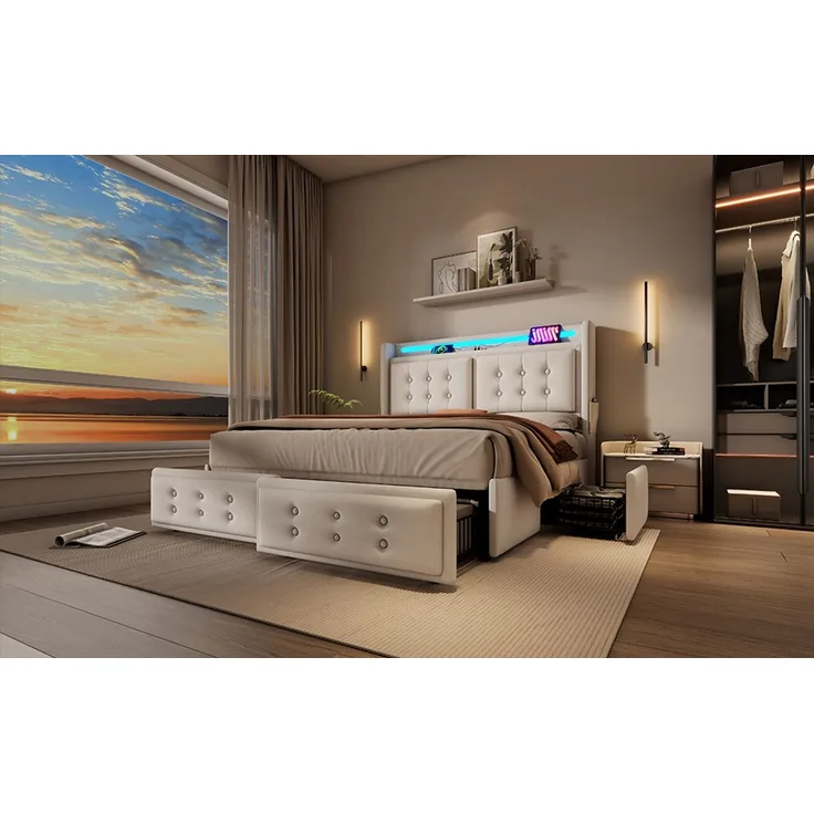 Polsterbett 180x200 cm mit LED & Ladefunktion, 4 Schubladen, Baumwoll-Leinen-Bezug, Beige