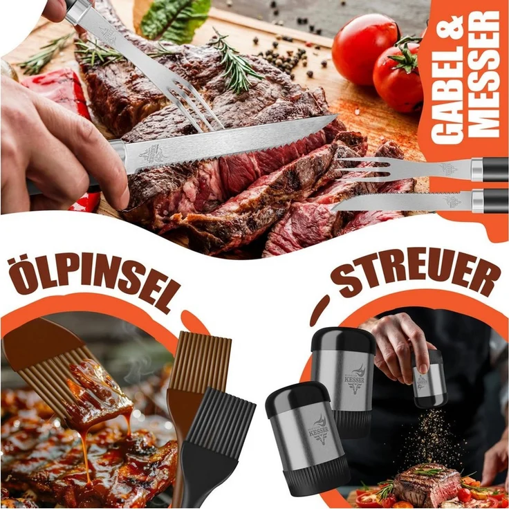 KESSER® Grillbesteck Set 37-teilig Grillzubehör aus rostfreiem Edelstahl Grillset mit Grillzange, Grillwender, 4in1 Grillspatel, Grillgabel, Grill-Spieß, Thermometer, Korkenzieher, Grillmatte & Tasche Schwarz – Bild 3