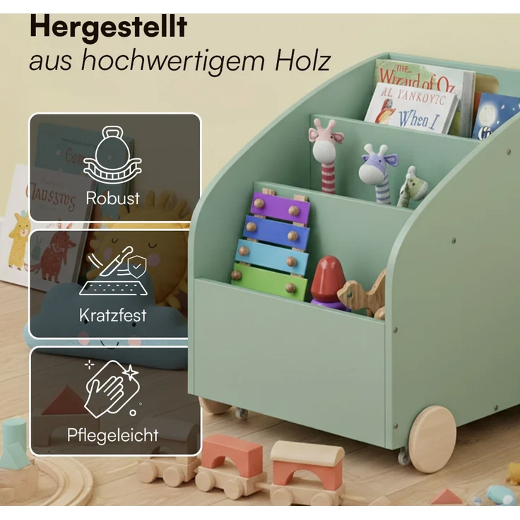 Bellabino 'Towy' Kinderbücherregal, grün, 43x40x43 cm, Holz, Spielzeugregal mit 3 Ablagefächern und Geheimfach – Bild 6