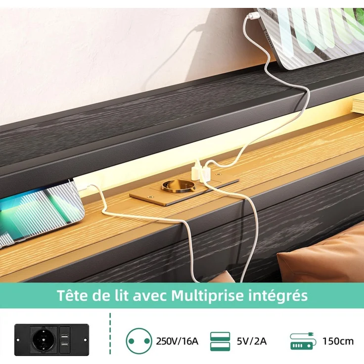 Homerecommend Metallbett 140x200 cm, Doppelbett und Jugendbett, mit LED-Beleuchtung, Steckdose und 2 USB-Anschlüssen, Vintage Schwarz – Bild 4