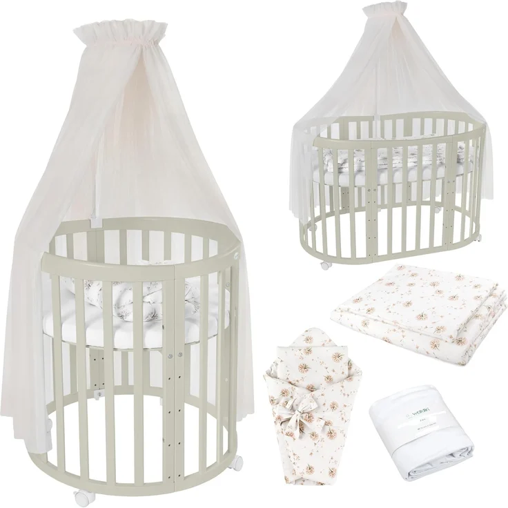 Waldin Babybett Mobiles Babybett OWAL aus Holz 7in1 mit Matratze, mitwachsend – Bild 1