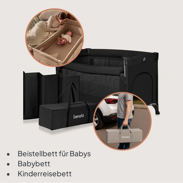 Lionelo Ellen 3 in 1 Reisebett von 0 bis 3 Jahren, Beistellbett für Neugeborene und ältere Kinder bis 15 kg, 2 Matratzenhöhen, Befestigungsgurte, seitlicher Reißverschluss, 2 Rollen, Tasche – Bild 2