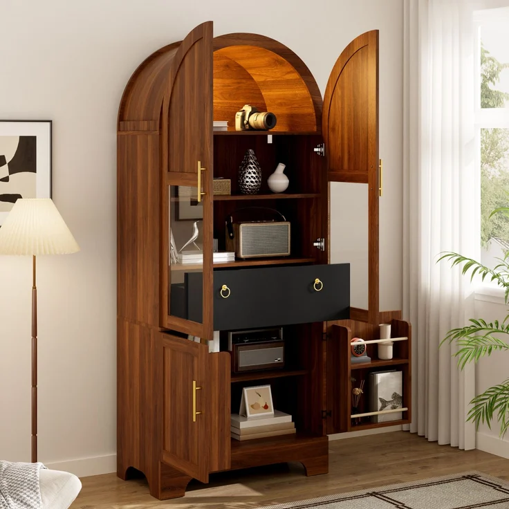Vitrine 76 x 40 x 180 cm aus MDF und Spanplatte, mit Bogenfront, Glas und LED-Beleuchtung – Bild 4