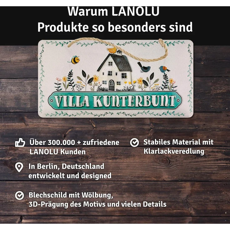 LANOLU Blechschild Villa Kunterbunt - 16x32cm – Metall – Mehrfarbig – 16121 – Bild 5