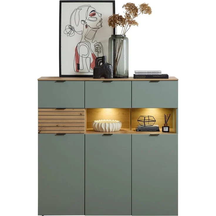 Stella Trading INA Highboard in Schilfgrün, Artisan Eiche Optik FSC-Zertifiziert - Moderner Wohnzimmerschrank mit Schubladen und LED-Beleuchtung - 125 x 125 x 45 cm (B/H/T) – Bild 1